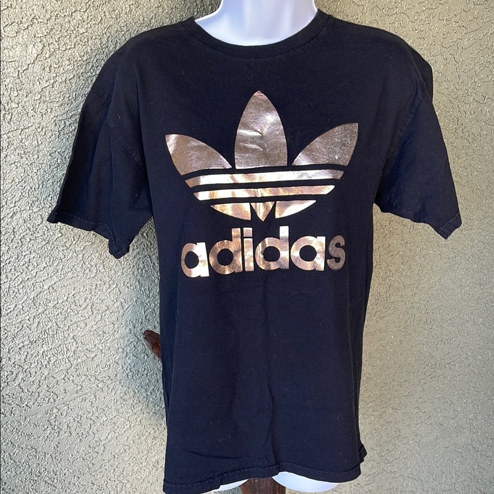 No.027 Adidas Black Tee with Metallic Rose Gold Logo Size Medium